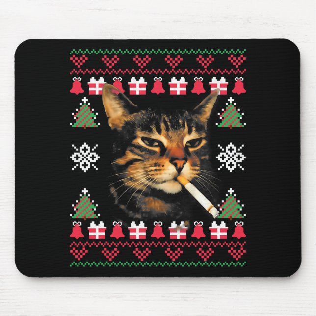 Funny Smoking Cat Meme Ugly Christmas Sweater For  Mouse Mat (Front)