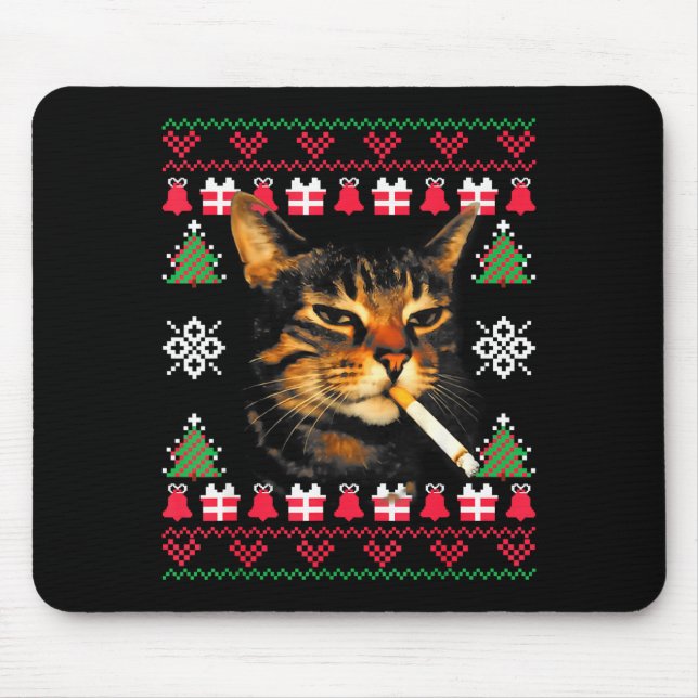 Funny Smoking Cat Meme Ugly Christmas Sweater For  Mouse Mat (Front)