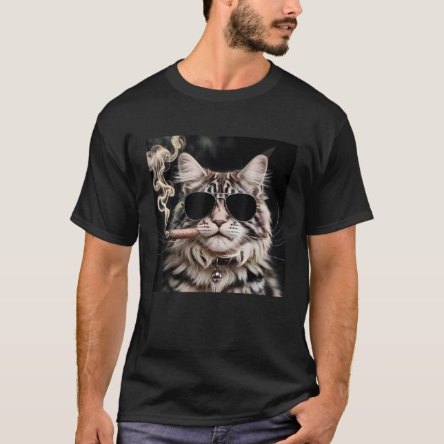 Funny Smoking Cat Moody Noir Black and White Art C T-Shirt (Front)