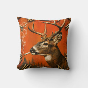 Funny Smoking Deer Rustic Hunting Cabin Cushion