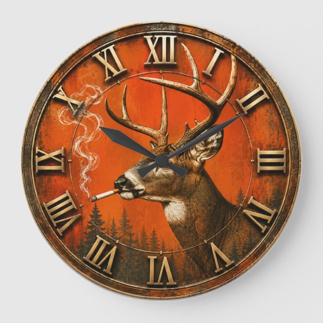 Funny Smoking Deer Rustic Hunting Cabin  Large Clock (Front)