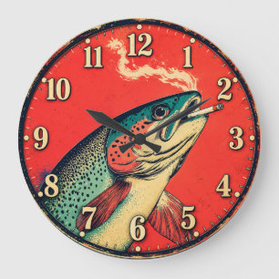 Funny Smoking Fish Fisherman  Large Clock
