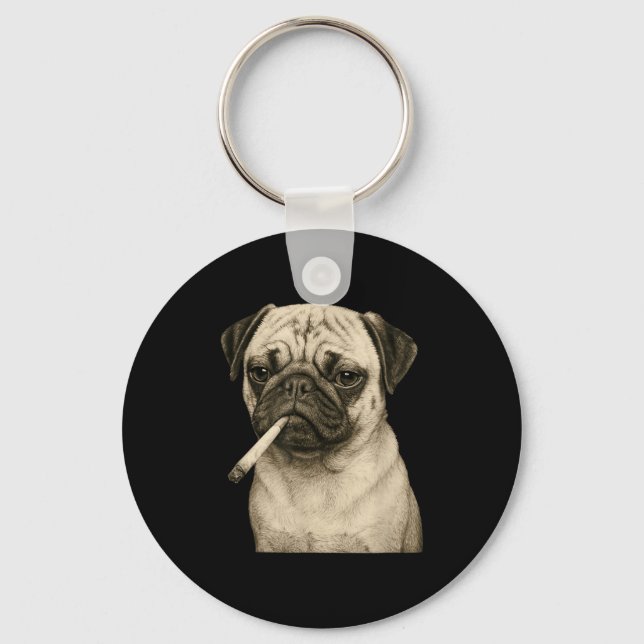 Funny Smoking Pug Dog Cigarette Gen Z Meme Graphic Key Ring (Front)