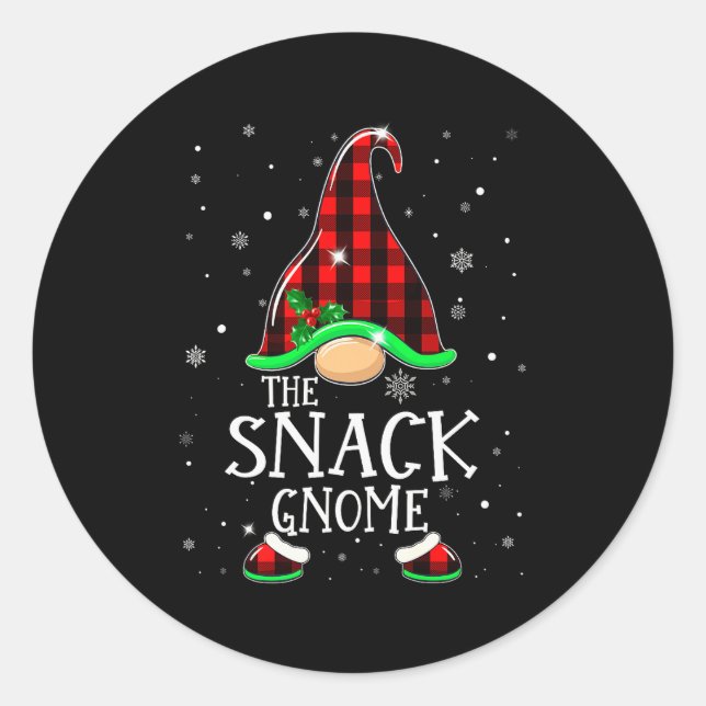 Funny Snack Gnome Buffalo Plaid Matching Christmas Classic Round Sticker (Front)