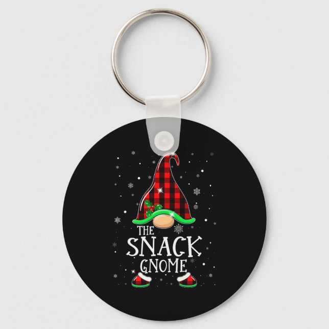 Funny Snack Gnome Buffalo Plaid Matching Christmas Key Ring (Front)