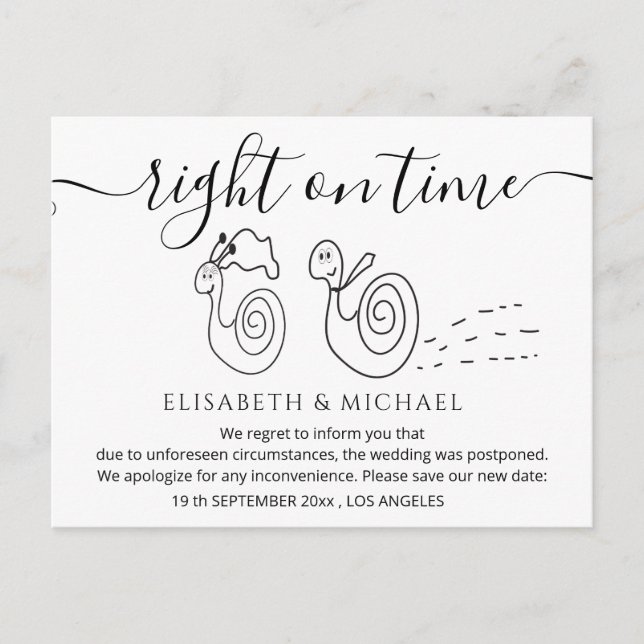 Funny snail marriage couple change the date announcement postcard (Front)