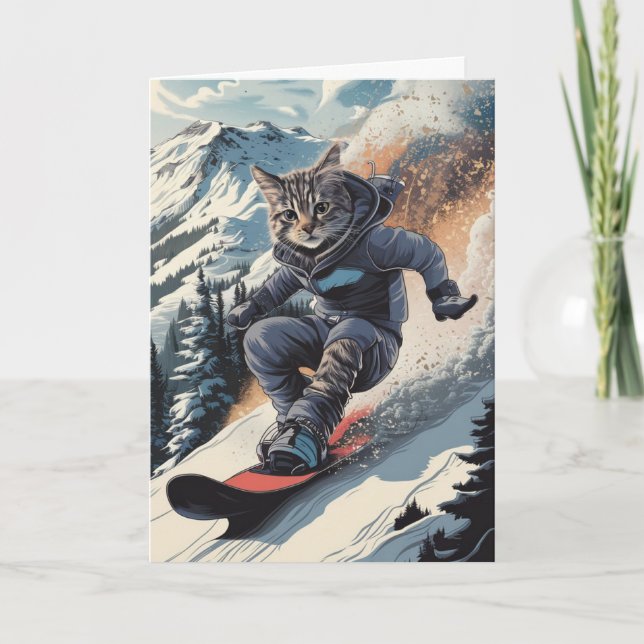 Funny Snowboarding Cat Winter Greeting Card Cool (Front)