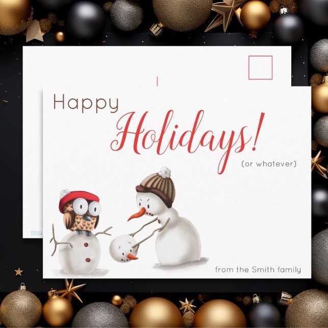 Funny Snowman and Owl Holiday Christmas Postcard (Creator Uploaded)