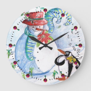 FUNNY SNOWMAN AND PENGUIN'S WINTER SERENADE LARGE CLOCK