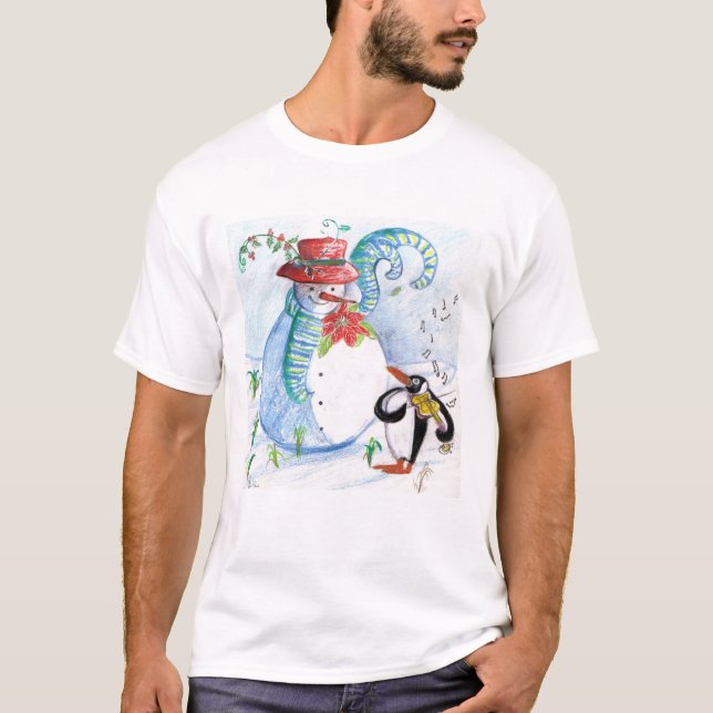 FUNNY SNOWMAN AND PENGUIN'S WINTER SERENADE T-Shirt (Front)
