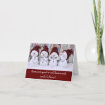 Funny Snowman Christmas Card<br><div class="desc">Four cute,  young snowmen in knitted hats.  One sees no evil,  one speaks no evil,  one hears no evil while the fourth one has just seen Santa!  A cute and funny Christmas greeting card that is sure to delight everyone who sees it.</div>