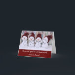 Funny Snowman Christmas Card<br><div class="desc">Four cute,  young snowmen in knitted hats.  One sees no evil,  one speaks no evil,  one hears no evil while the fourth one has just seen Santa!  A cute and funny Christmas greeting card that is sure to delight everyone who sees it.</div>