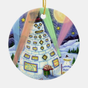 FUNNY SNOWMAN HOTEL, NORTHERN LIGHTS And PENGUINS Ceramic Tree Decoration