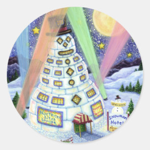 FUNNY SNOWMAN HOTEL, NORTHERN LIGHTS And PENGUINS Classic Round Sticker