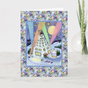 FUNNY SNOWMAN HOTEL, NORTHERN LIGHTS And PENGUINS Holiday Card