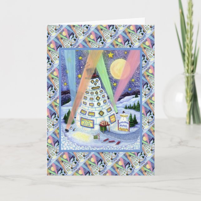 FUNNY SNOWMAN HOTEL, NORTHERN LIGHTS And PENGUINS Holiday Card (Front)