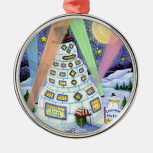 FUNNY SNOWMAN HOTEL, NORTHERN LIGHTS And PENGUINS Metal Tree Decoration