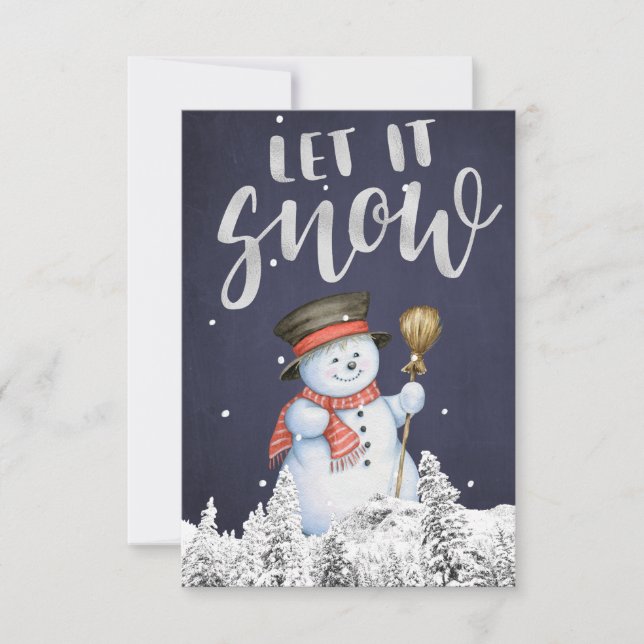 Funny Snowman | Let It Snow Silver Typography Card (Front)