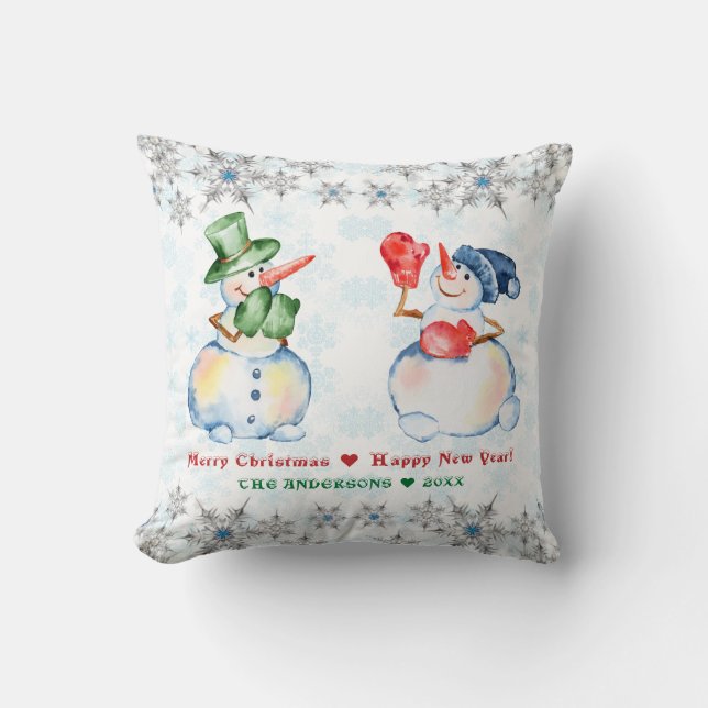 Funny Snowman Merry Christmas Crystals Snowflakes Cushion (Front)