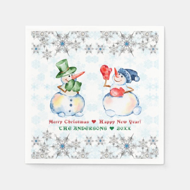 Funny Snowman Merry Christmas Crystals Snowflakes Napkin (Front)
