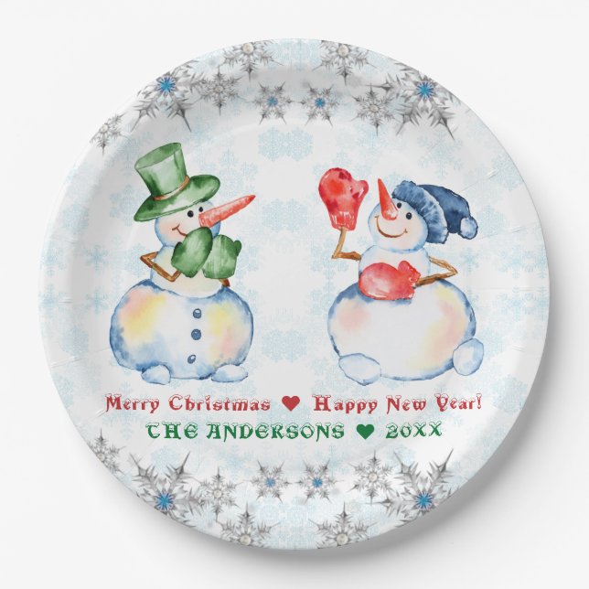 Funny Snowman Merry Christmas Crystals Snowflakes Paper Plate (Front)