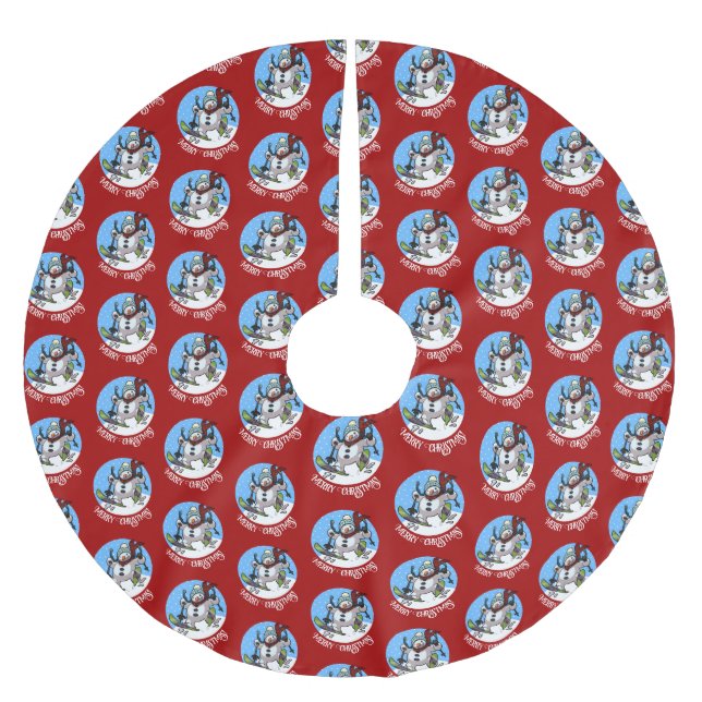 Funny Snowman Merry Christmas! Skiing Cartoon Brushed Polyester Tree Skirt (Front)