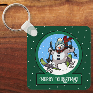 Funny Snowman Merry Christmas! Skiing Cartoon Key Ring