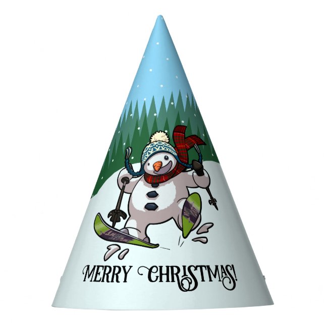 Funny Snowman Merry Christmas Skiing Cartoon Party Hat (Front)