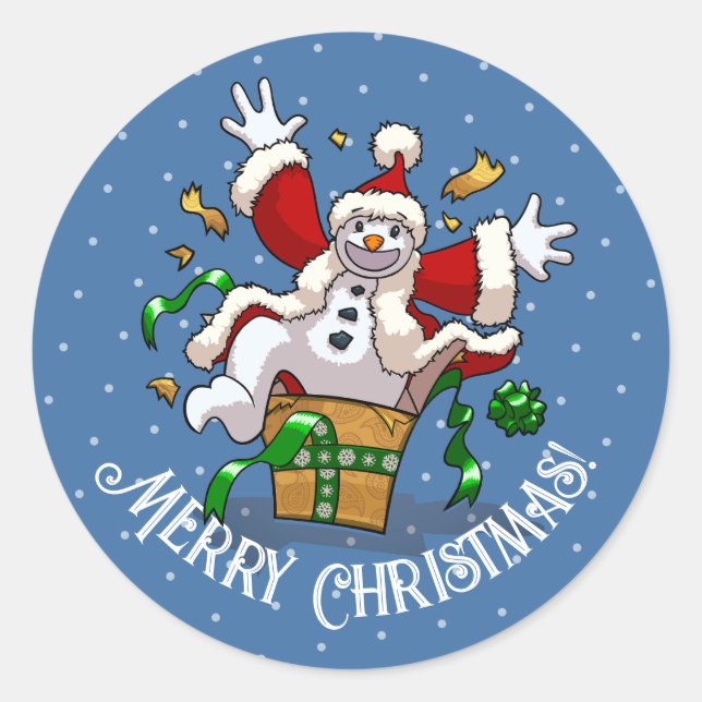 Funny Snowman Merry Christmas Surprise Cartoon Classic Round Sticker (Front)
