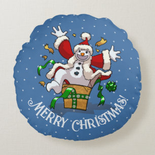 Funny Snowman Merry Christmas Surprise Cartoon Round Cushion