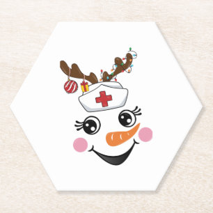 Funny Snowman Nurse Face Eyelashes Medic Christmas Paper Coaster