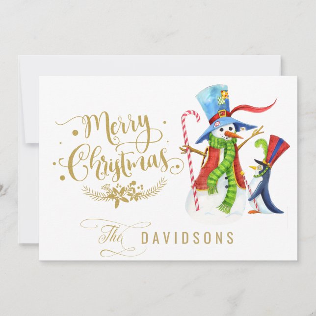 Funny Snowman Penguin Gold Glitter Merry Christmas Holiday Card (Front)