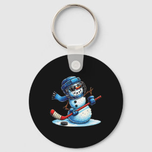 Funny Snowman Playing Ice Hockey Lovers Boys Girls Key Ring