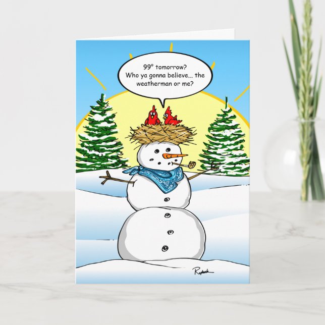 Funny Snowman Red Cardinal Christmas Holiday Card (Front)