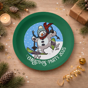 Funny Snowman Skiing Christmas Party Year Cartoon Paper Plate