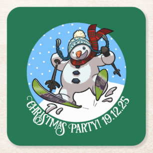 Funny Snowman Skiing Christmas Party Year Cartoon  Square Paper Coaster