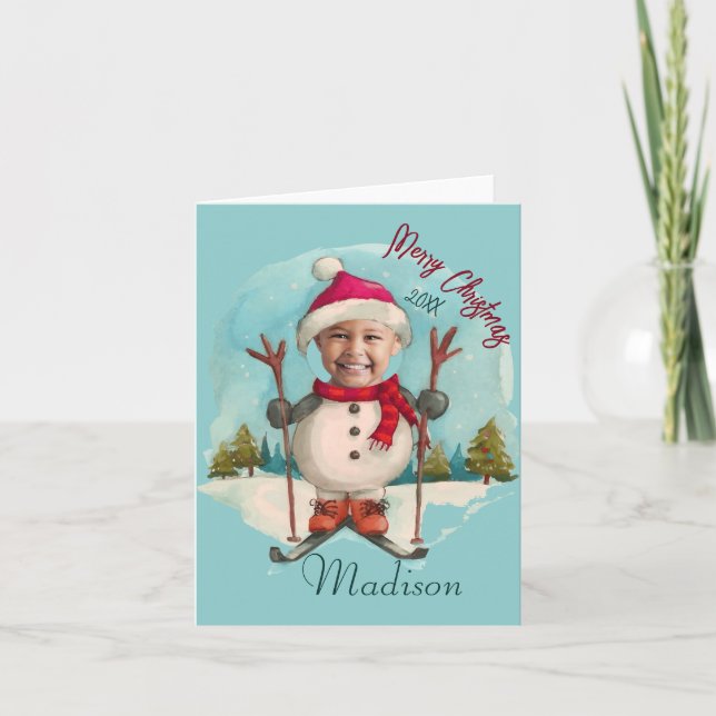 Funny Snowman Snowboarding Ski Kids Photo Holiday Card (Front)