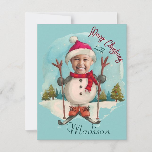 Funny Snowman Snowman Skiing Kids Photo Holiday Card (Front)