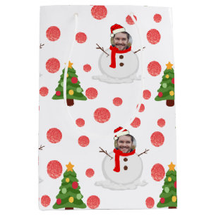 Funny Snowman White Red Green Photo Face Xmas Medium Gift Bag