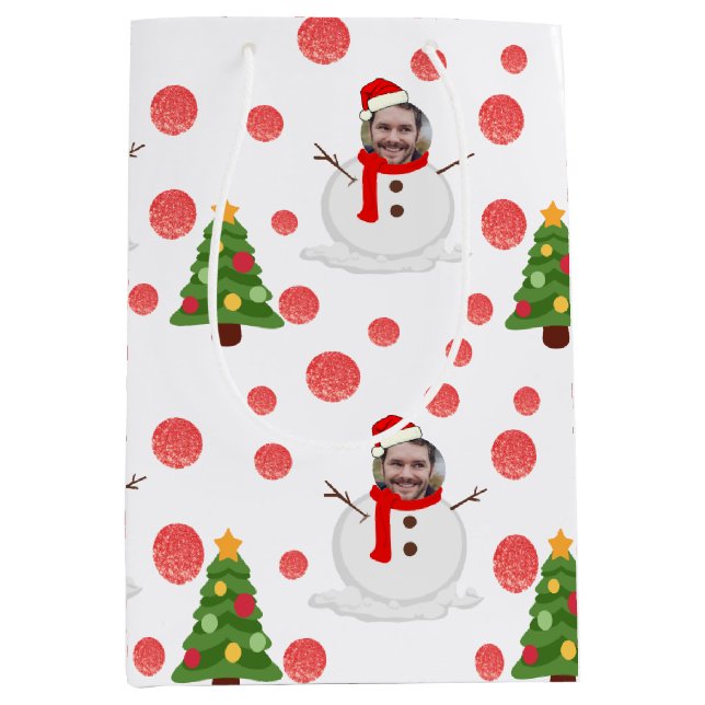 Funny Snowman White Red Green Photo Face Xmas Medium Gift Bag (Front)