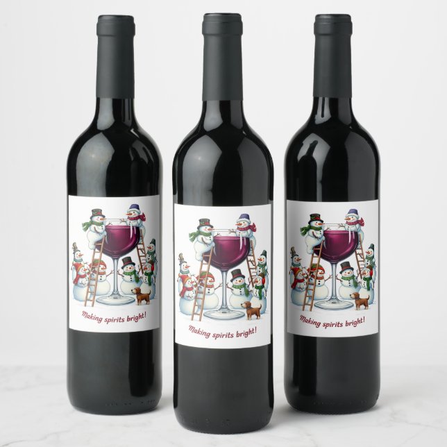 Funny snowman wine making spirits bright label (Bottles)