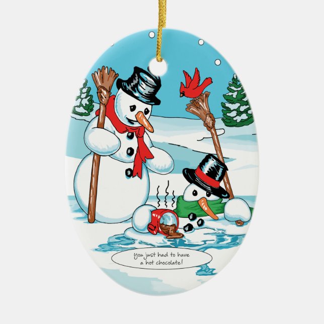Funny Snowman with Hot Chocolate Cartoon Ceramic Tree Decoration (Front)