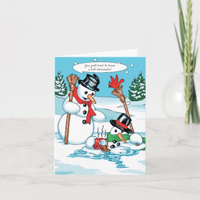 Funny Snowman with Hot Chocolate Cartoon Holiday Card (Front)
