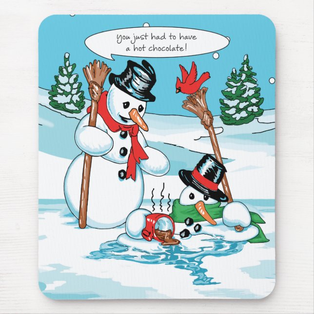 Funny Snowman with Hot Chocolate Cartoon Mouse Mat (Front)