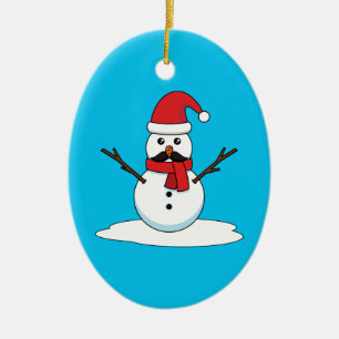 Funny Snowman with Moustache and Carrot Ceramic Tree Decoration
