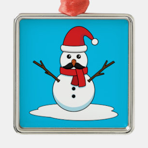 Funny Snowman with Moustache and Carrot Metal Tree Decoration