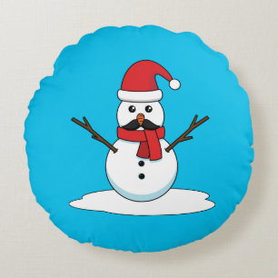 Funny Snowman with Moustache and Carrot Round Cushion
