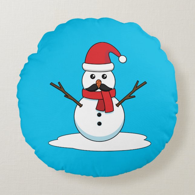 Funny Snowman with Moustache and Carrot Round Cushion (Front)