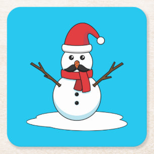 Funny Snowman with Moustache and Carrot Square Paper Coaster
