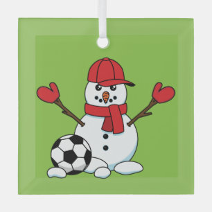 Funny Snowman with Soccer Ball Glass Tree Decoration